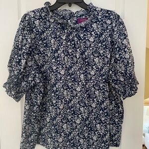 J. Crew Navy Floral Ruffle Neck Blouse